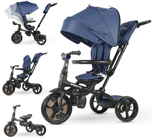 Triciclo Passeggino Evolutivo 6 in 1 per Bambini 10 Mesi 5 Anni Fino a 25kg Sedile Reclinabile Cintura 5 Punti Maniglione Direzionale Ruote in Gomma EVA Accessori Blu Mondial Toys