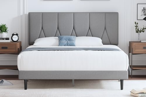 Yocreat Polsterbett 90 x 200 cm Bettgestell Doppelbett Bettrahmen mit Kopfteil, Stoffbett mit Lattenrost, Einfache Montage, Hellgrau