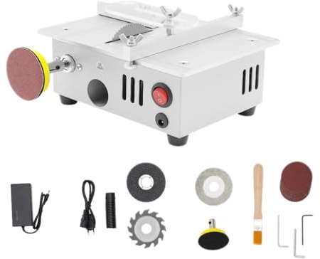 Mini sega circolare da tavolo con 4 lame, alimentatore a 7 marce, precisione regolabile, 96 W, 0,1 – 15 mm, sega circolare da tavolo portatile fai da te con patta di sicurezza per la lavorazione del