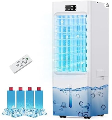 Aire Acondicionado Portatil 4 en 1, Enfriador de Aire con 6L Tanque, 4 Modos 3 Velocidades, 60°Oscilación, Temporizador de 1-12 H, con Ruedas, Control Remoto, 4 Packs de Hielo, Portátil, Silencioso