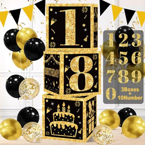 Decoracion Cumpleaños Oro Negro, 3pcs Cajas De Cumpleaños Oro Negro Con Números 0-9，Los Números Se Pueden Combinar, Happy Birthday Decoracion para Hombre y Mujeres Decoración Cumpleanos Feliz Fiesta