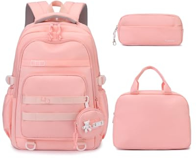 Amythe Skolryggsäck flicka 3 delar Set, skolväskor flickor lätt med pennfodral och brödväska, fashionabel dagryggsäck för skola, resor och fritid (från 9 år), ROSA