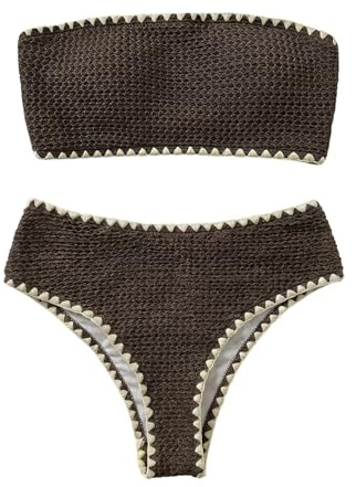 GORGLITTER Women's Strapless Bikini Crochet High Waisted Boho Bandeau Swimsuit 2 Piece Bathing Suits Chocolate Brown Medium