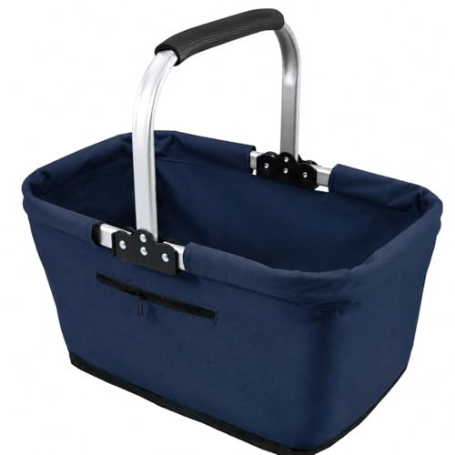 OuryTech Shoppingkorg, 26 l, vikbar shoppingkorg, stabil bärkorg och picknickkorg, stor vikbar korg för familj, för shopping, resor och camping (marinblå)