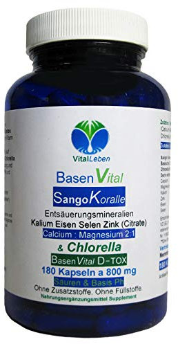 BasenVital Säure-Basen-pH-Balance - BASENPULVER 180 Kapseln - Sango + Calcium + Magnesium + Eisen + Kalium + Selen uvm. Organische CITRATE & CHLORELLA - OHNE Zusatzstoffe. 26755-180