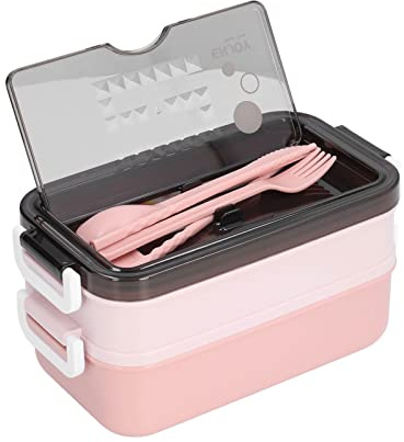 Cyrank Contenedor de alimentos aislado, fiambrera térmica de acero inoxidable de 2 niveles, caja Bento portátil con tazón de sopa, utensilio para oficina escolar(Rosa)