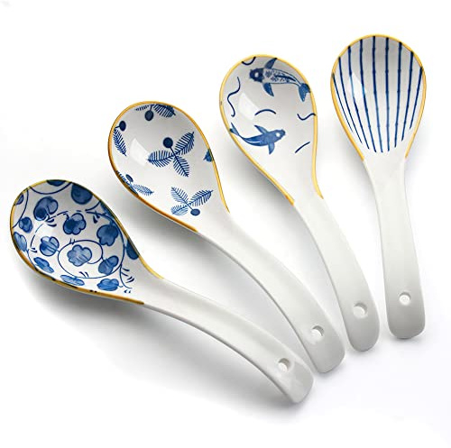 IQCWOOD Ceramic Spoons, 6.3 Asian Chinese Soup Spoon, 4Pcs