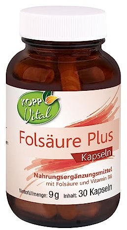 KOPP Vital® Folsäure Plus | 30 Kapseln | 9 g | Maximale Qualität | Nahrungsergänzungsmittel | Hochwertiges Akazienfaserpulver | Vitamin B6