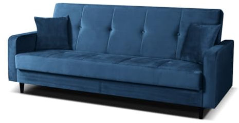 Margaret Hadas24 Sofa Luna 3-Sitzer, skandinavisches Sofa, Schlafsofa, Schlaffunktion, Bettkasten, inklusive Dekokissen, Holzfüße, Stauram, Polstersofa für Wohnzimmer 213 cm, dunkelblau