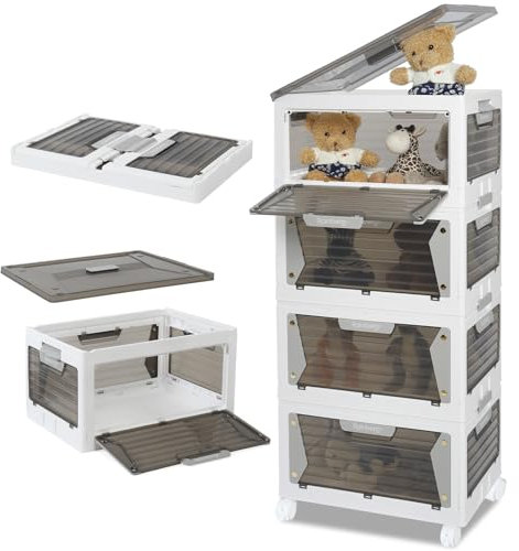 Rainberg Large Storage Boxes with Lids, Strong & Sturdy Plastic Storage Boxes, Stackable Nestable Container for Home & Office use. (White & Grey, 4 Tier 200L Storage)