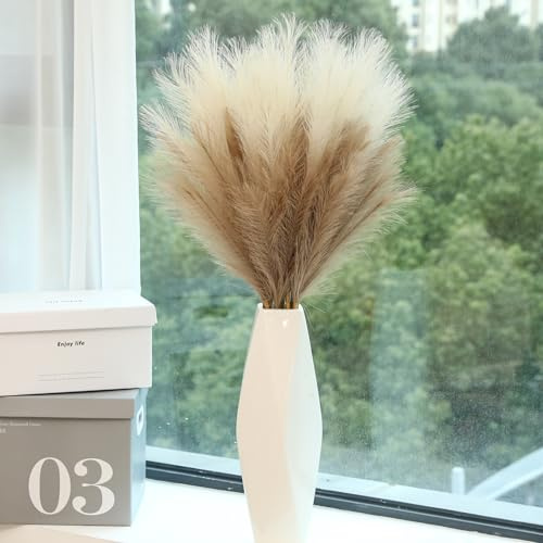 Wertuirk 9 Stems Faux Pampas Grass - 38 Inch Long Fluffy Pompous Grass Bulk, Big Artificial Pompas Floral for Baby Shower Decoration, Wedding Centerpieces and Boho Home Decor (Beige & Taupe)