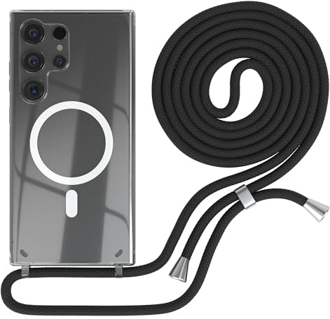 EAZY CASE - mobilkedja kompatibel med Galaxy S24 Ultra, kedja för upphängning, stötsäkert mobilskal för Galaxy S24 Ultra, silikonskal med rem, transparent mobilskal i Svart