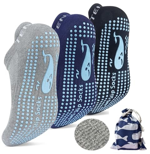 TENQUAN 3 Paare Rutschfeste Socket for Yoga Pilates Barre Anti rutsch Socken für Damen Herren 43-46 StopperSocken für Zuhause Krankenhaus Workout Sport (Grau Blau Schwarz)