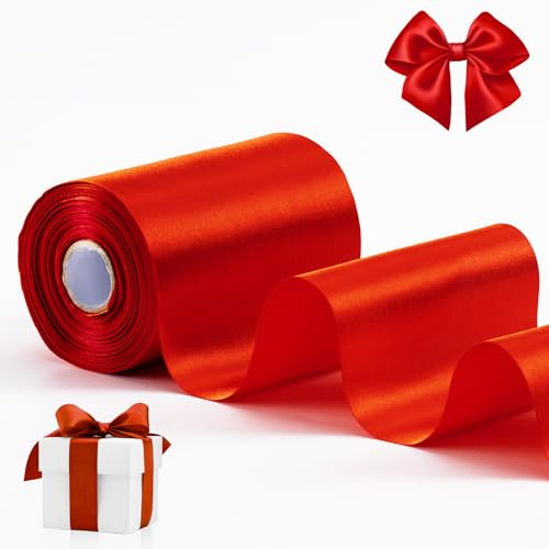FAKILO - Nastro di raso rosso largo 10 cm x 10 m, nastro spesso per cerimonie di taglio del nastro per l'apertura di un'attività commerciale, fiocco per sedie nuziali, decorazioni per feste, Natale