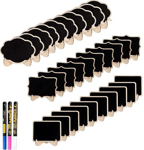 Mini Ardoise Tableau Noir Lot de 30, Panneau D'affichage avec 3 Stylo Tableaux Noirs sur Chevalets en Bois, pour Buffet TABLES Mariage Petit Tableau Noir Boulangerie Signes Pour la Nourriture Fête