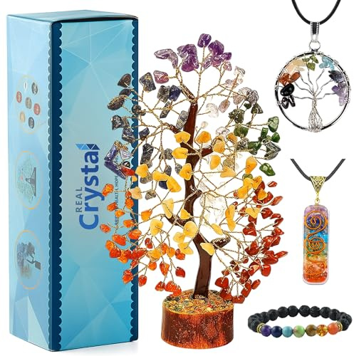 7 Chakra Healing Crystal Gift Set - Premium 300-Bead Gemstone Money Tree, Protection Bracelet & 2 Pendant Necklaces - Complete Feng Shui Meditation Kit for Home Decor, Good Luck & Spiritual Healing