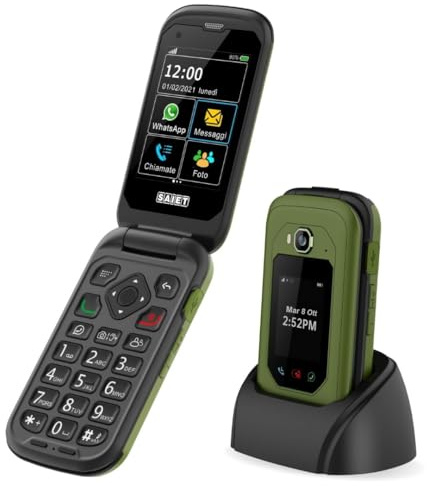 SAIET LINK 4 PRO Telefono Flip Verde-Nero, IP68 Impermeabile con Doppio Display, Audio Potenziato e Tasti Grandi - Cellulare con Whatsapp con Batteria a Lunga Durata, Antiurto e Antipolvere