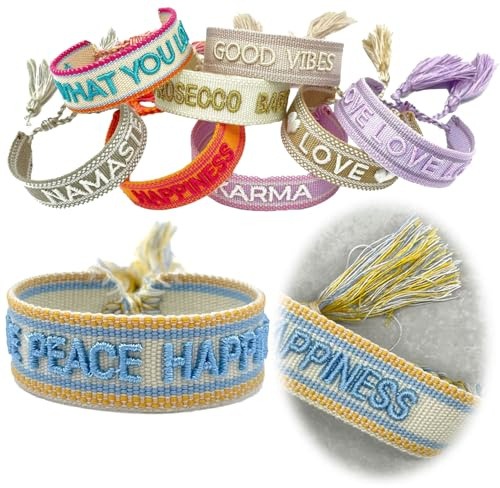 LS-LebenStil Exklusives Statement Armband - das Original - Love Peace Happiness Sand 16-20cm Quasten besticktes Boho Canvas Webarmband Damen Freundschaftsarmband Geschenk gewebt textil Stoffarmband