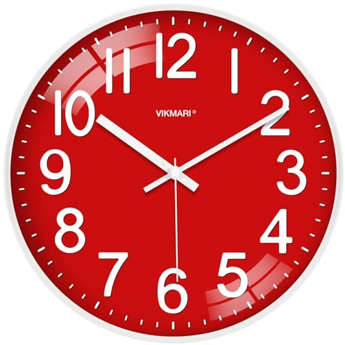 VIKMARI Orologio da Parete Piccolo 20 cm Rosso Moderno Silenzioso a Batteria per Cucina Soggiorno Camera da Letto Bagno Ufficio Scuola