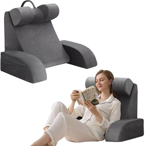 Velorose Reading Pillow for Sitting in Bed Adult, Back Pillow for Bed Sitting up, Backrest Pillow with Arms, Back Support Pillows for Gaming Lounging Watching TV, Medium 19 Grey