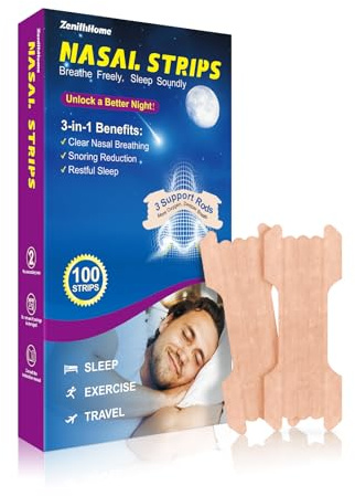 ZenithHome 100uds Tiras Nasales Antironquidos, Nose Strips Antironquidos Para Dormir, Tiras Nasales Deportivas y Respirar, Nasal Strips Alivia la congestión nasal y mejora tu sueño -Talla L 66 x 22mm