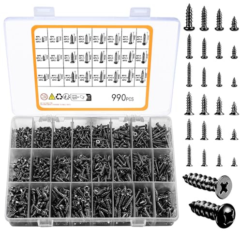 Set di viti autofilettanti M3/M4/M5/M6, viti per legno a croce, per viti per calcestruzzo a secco, 500 pezzi, testa piatta, 490 pezzi (argento 990) (nero)