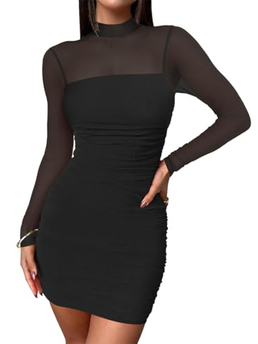 AOWVUTS Vestito Donna Sexy Maniche Lunghe Mini Abito Elasticizzato Aderente Bodycon Vestito Corto Wrap Trasparente Collo Alto Elegante Vestiti de Discoteca Sera Festa Cocktail Party Tubino Autunno