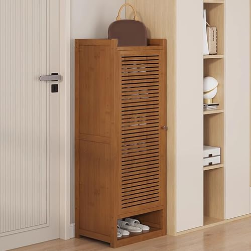 Armario de almacenamiento de zapatos de bambú con puertas de persiana, elegante estante organizador para sala de estar y pasillo, zapatero marrón duradero para ahorrar espacio
