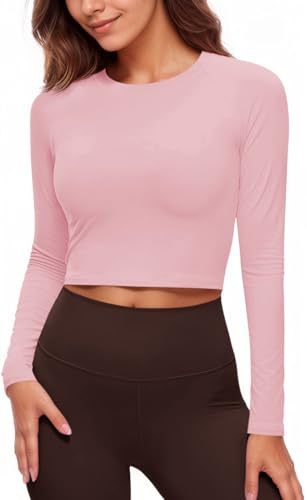 Fisoew Maglietta sportiva da donna, a maniche lunghe, girocollo, per yoga, allenamento crop top, slim fit, rosa chiaro, M