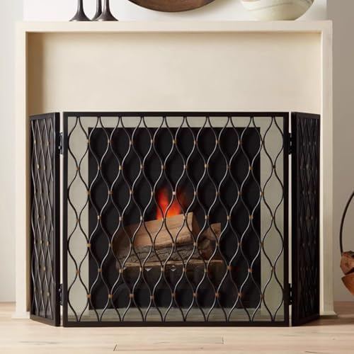 WTLONBF Mampara para Chimenea Grande de 3 Paneles con Puertas abatibles y protección contra chispas con Rejilla Tejida para Proteger y Decorar chimeneas.