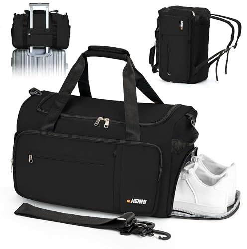 HENMI Sporttasche & Reisetasche für Herren und Damen, 43L Groß gymbag mit Schuhfach und Nassfach, Faltbare Gym Tasche für Sport und Travel, Sport Tasche, Trainingstasche, Gym Tasche (Schwarz)