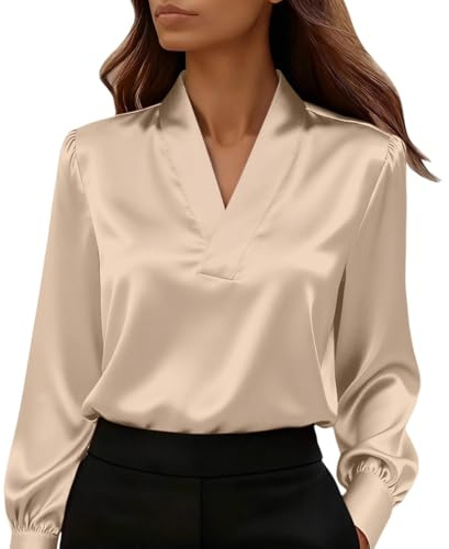 Camicia in Raso da Donna Elegante Camicia in Chiffon a Maniche Lunghe Maglietta in Raso Ampia Blusa Seta Ufficio con Scollo a V Sciolto Camicetta Business Classico Moda Top da Lavoro Button Down Slik