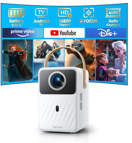 【Dust-Proof Projector Built-In Rechargeable Battery & Android TV】Portable Smart Projector with APPs, Auto Focus Keystone, FHD 1080P, WiFi Bluetooth Mini Outdoor Movie Projector for Phone/TV Stick/PS4