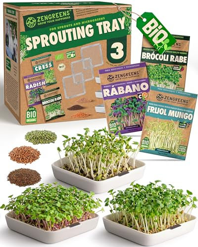 ZenGreens® Vassoio per germogli bio - Set da 3 - Germogliatore con rete - Include vaschetta e semi (crescione, broccoli & ravanello)