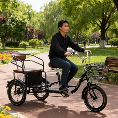 LISTaRSw Triciclo a Pedali per Adulti 16 Pollici, Triciclo a Velocità Singola, Bicicletta Da Crociera a 3 Ruote Con Equipaggio, Con Cestino Della Spesa E Sedile Regolabile, Per Shopping Black