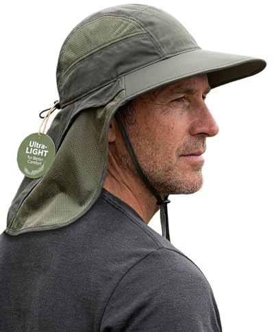 Hat Hut Cappello da sole ultraleggero con protezione per il collo, UPF 50+, tesa larga, traspirante per escursionismo all'aperto, pesca, per uomini, Verde militare, Taglia unica