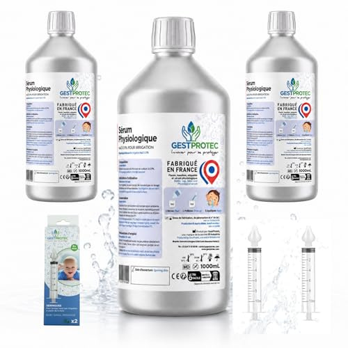 0,9 % fysiologiskt serum NaCl Gestprotec | 1 liter x3 flaska med nässpruta x2 | Isotonisk saltlösning renat vatten | Extern nästvätt och bevattning | Fransk Labo spårbarhetsgaranti
