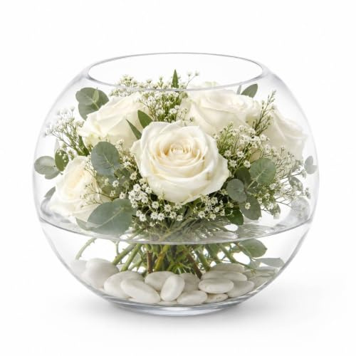 Queensway Home & Dining Clear Glass Flower Vase Fish Bowl Terrarium, Crystal Clear Round Vase with Wide Opening, Decorative Centrepiece for Weddings, Floral Arrangements & Home Decor - Small