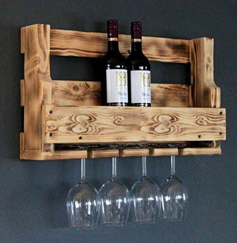 Dekorie Weinregal aus Holz für die Wand - mit Gläserhalter - Geflammt - fertig montiert - Regal für Weinflaschen und Weingläser