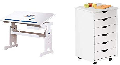 Inter Link Schülerschreibtisch Schreibtisch Arbeitstisch & Link Alpine Living Rollcontainer Bürocontainer Schubladenschrank Büroschrank Kiefer Massivholz Weiss lackiert