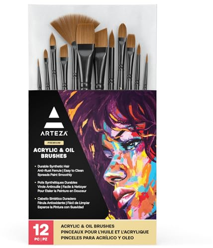 ARTEZA Paint Brushes, Set of 12, Premium Synthetic Brushes with Brass Ferrules & Wooden Handles
