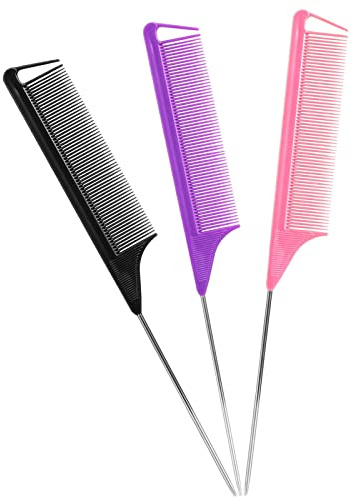 Rat Tail Combs Set: 3Pcs Long Steel Pin Teasing Combs for Salon Hair Stylists, Metal Parting Combs for Women (Purple, Black, Pink)