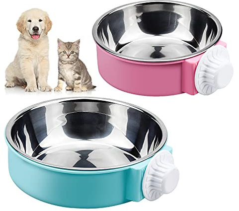 Nerissa 2 Pcs Crate Water Bowl 2 in 1 Dog Cage Hanging Bowl Removable Stainless Steel Dog Bowls Large Capacity Cat Feeding Bowls with Bolt Holder for Cats and Dogs and Other Small Animals