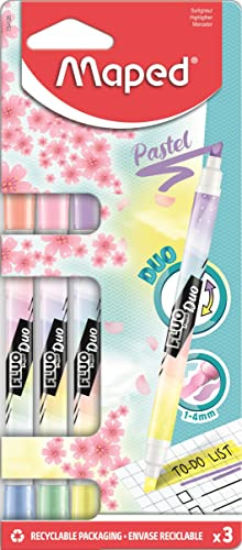 Maped - Doppelseitiger Textmarker, Markierstift FLUO DUO PASTEL - x3 Marker - Pastelltöne, 734128