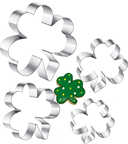 4-Piece Clover Cookie Cutter Set, 4'', 3.2'', 1.85'', 1.3'' St. Patrick's Day Shamrock Cookie Cutter Set, Metal Irish Holiday Party Supplies, Stainless Steel Baking Kit