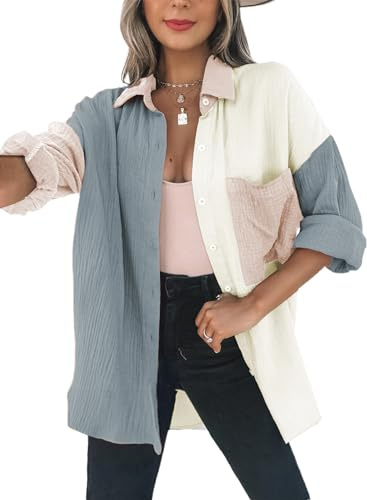 Dokotoo School Outfits for Teachers Early Fall Fashion Cute Spring Button Down Lightweight Soft V Neck Collared Long Sleeve Shirts for Women Casual Loose Summer Blouses Tops with Pockets Grey L
