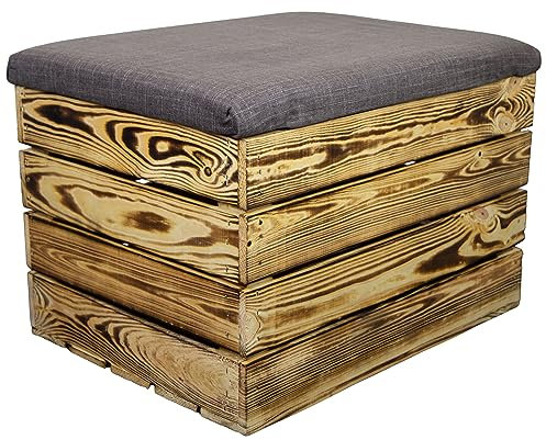 Kistenkolli Altes Land Sitzbank mit Sitzhocker Maße 34x35x48 Holzkiste faltbar Sitztruhe belastbar bis 150kg Deckel klappbare Aufbewahrungsbox (Geflammt)