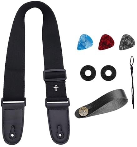 NYGGTYK 1 svart gitarrrem, 1 bältesspänne, 2 gummispännlås, 3 gitarrplektrar, gitarrremset, elgitarrremlås, korsbälte, svart, 5 cm breit, 84–140 cm lang