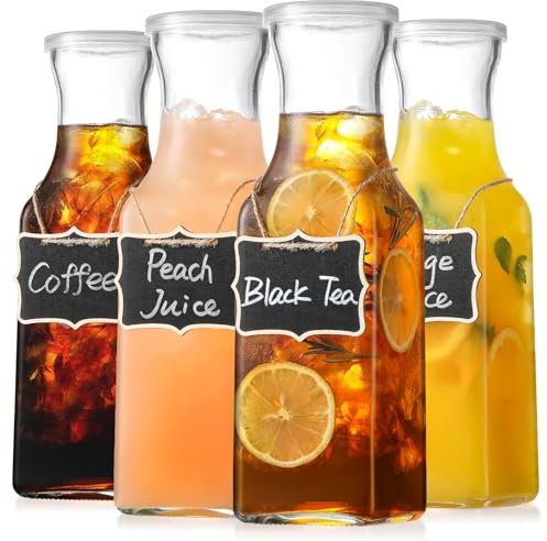 Set of 4 Square Glass Carafe with Lid, 1 Liter Clear Glass Pitcher, Beverage Serveware Carafe for Mimosa Bar, Brunch, Cold Water, Juice, Milk, Iced Tea, Lemonade