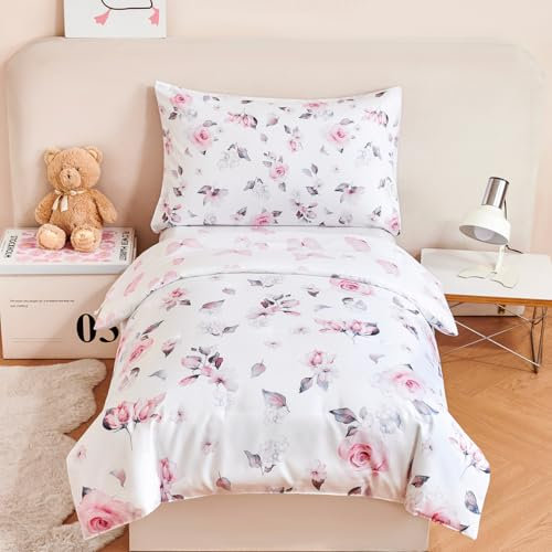 STYHO Girls Bedding Single Size Bed Set Floral Pink Duvet Cover with Pillowcase Soft Reversible Floral Kids Duvet Cover Sets for All Seasons(Rose, Single)